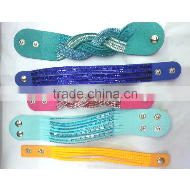 hot sale women rhinestone hard leather bangle bracelet