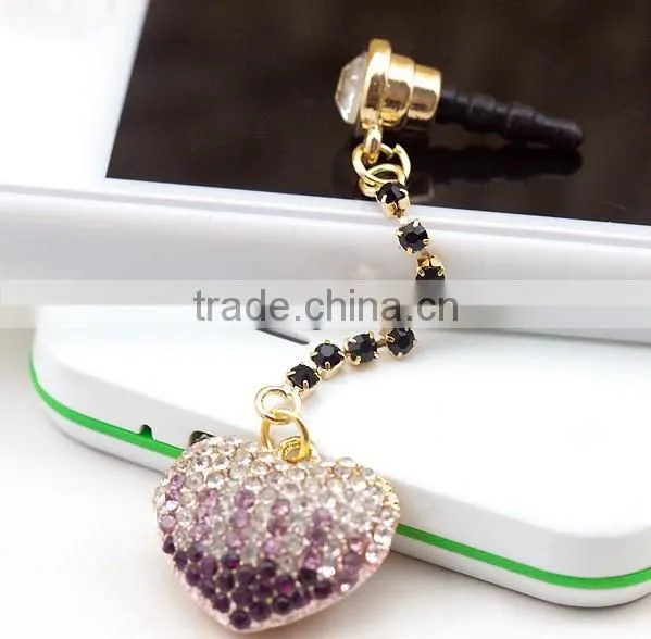 2013 bling heart dust plugs, colorful dust plugs for mobile phones
