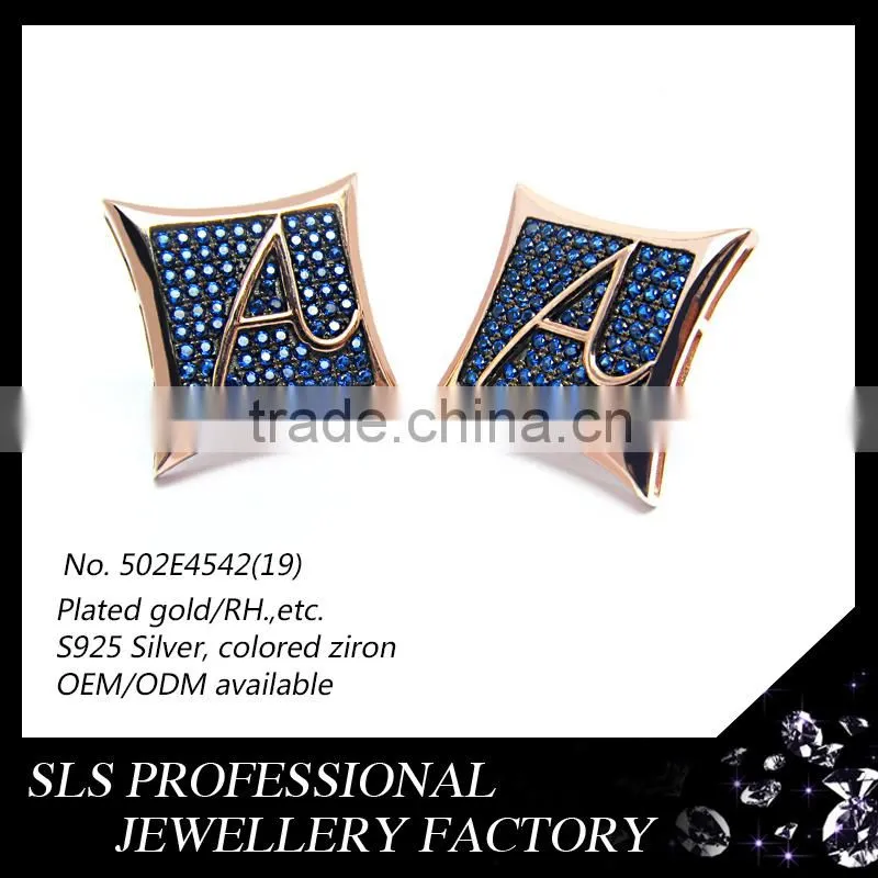 2015 American style funky colorful zircon micro pave 925 silver rose gold plated LETTER A screw back stud earrings
