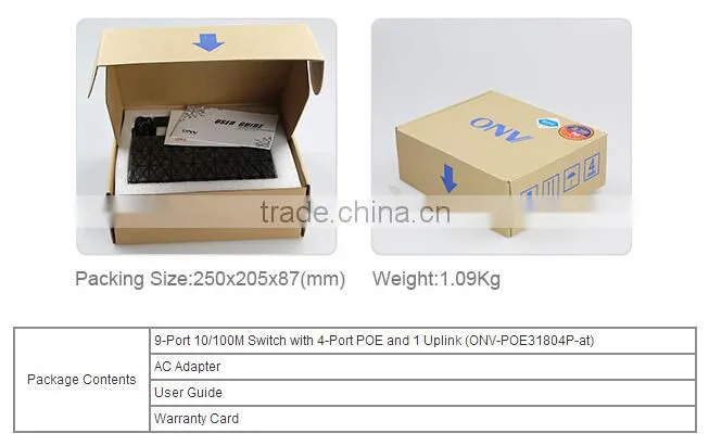 ShenZhen ONV 9 Port Power over ethernet switch with 8 POE ports 25.5W/
