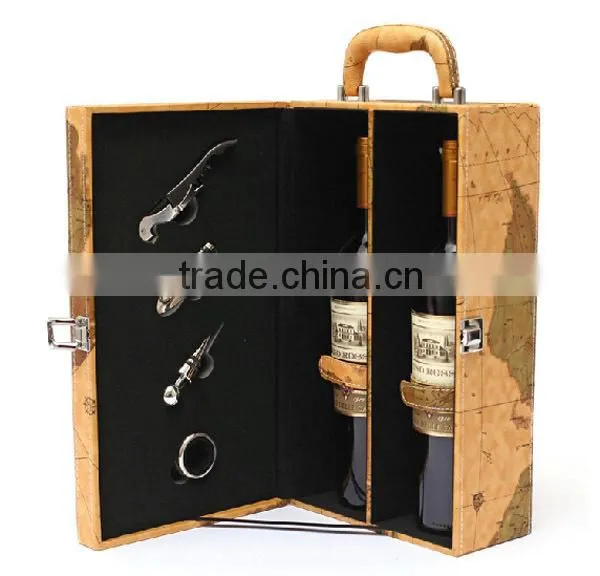 Unique Design Map pattern leather wine box with handle