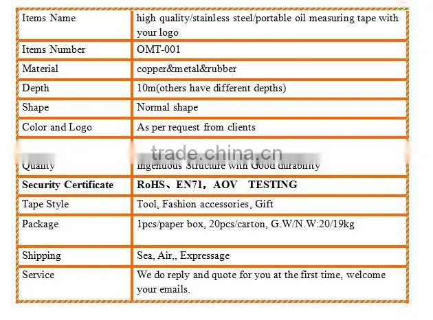 high quality/stainless steel/portable oil measuring tape with your logo