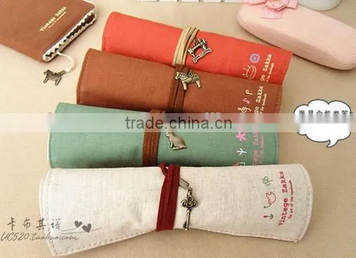 Retro style roll up school pencil bag/pencil case with rope