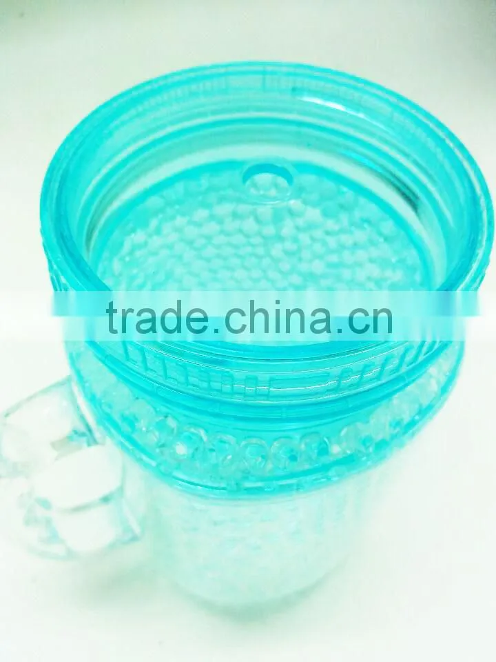 16oz as double wall insulated Gel and beads and liquid water mason jar plastic and freezer mug with straw and handle