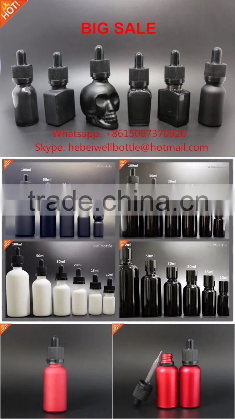 Skull frosted black glass dropper bottle for pipette 60ml dropper bottle with childproof tamper cap