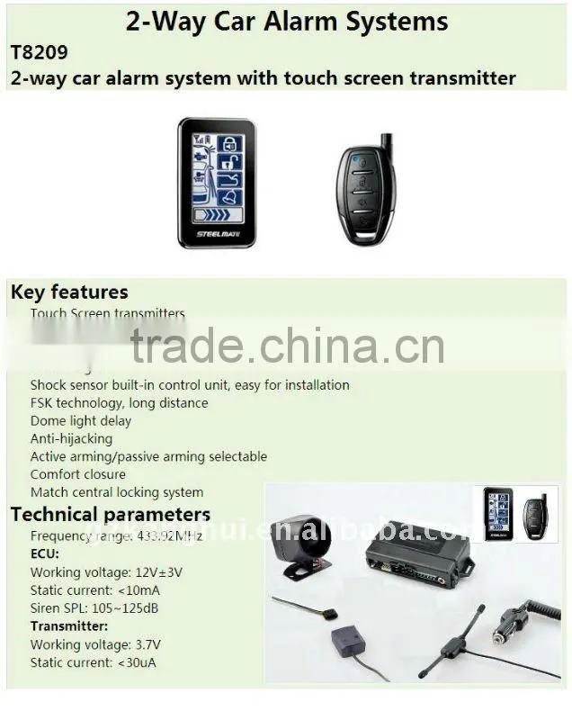 2-way atuo car alarm security system with touch screen transmitter