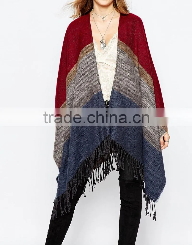 elegant Striped design poncho with fringe western women tassel trim Poncho