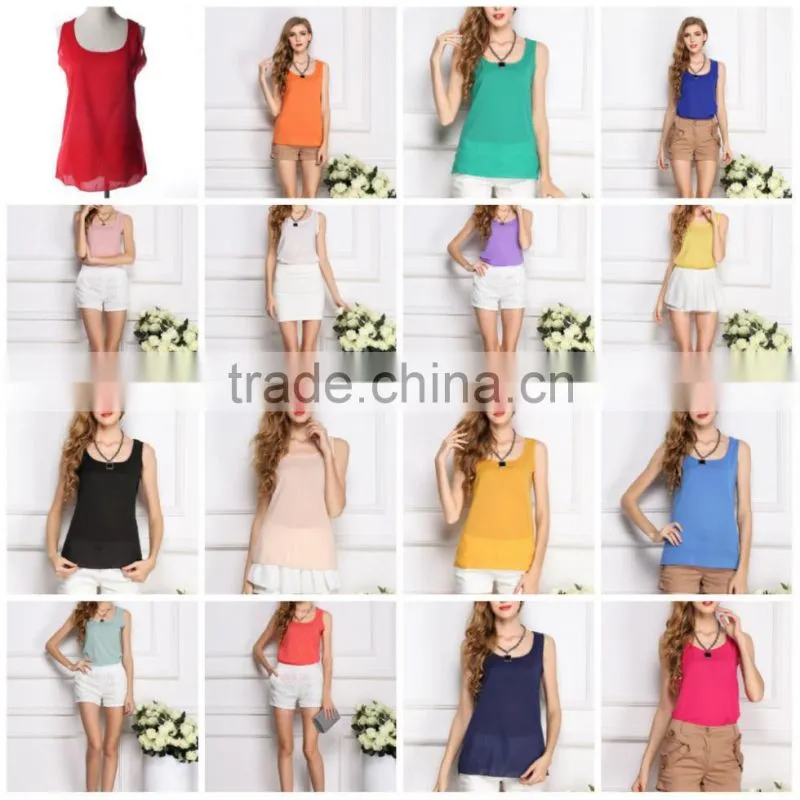 2015 Fashion Summer wholesale Women Clothes Chiffon Sleeveless Causal t shirt Women Vest tops 16 colors