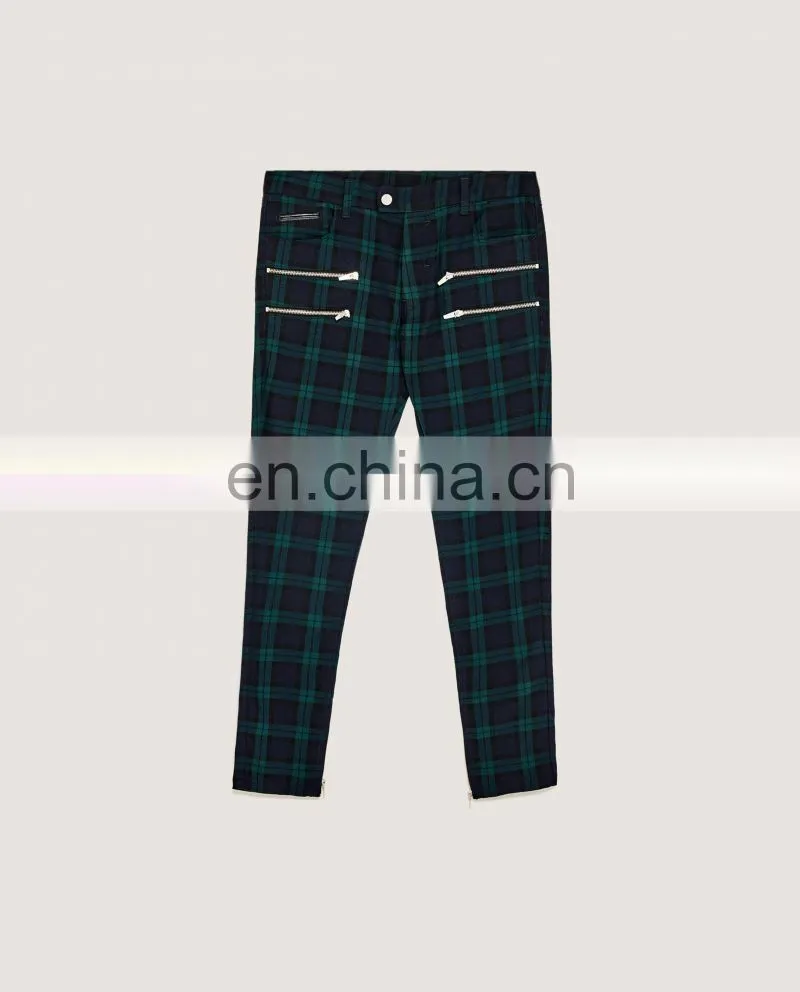 New Style Wholesale Man Fashion Slim Fit Checked Trousers With Zips