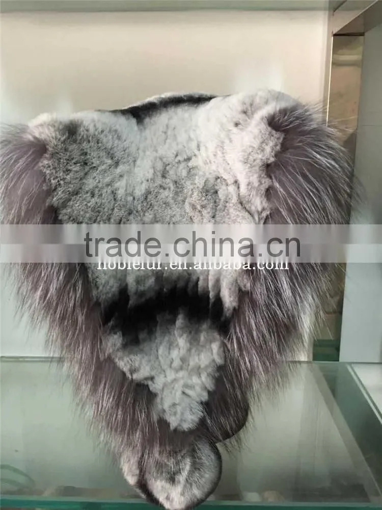 rex rabbit with fox fur pompom hat