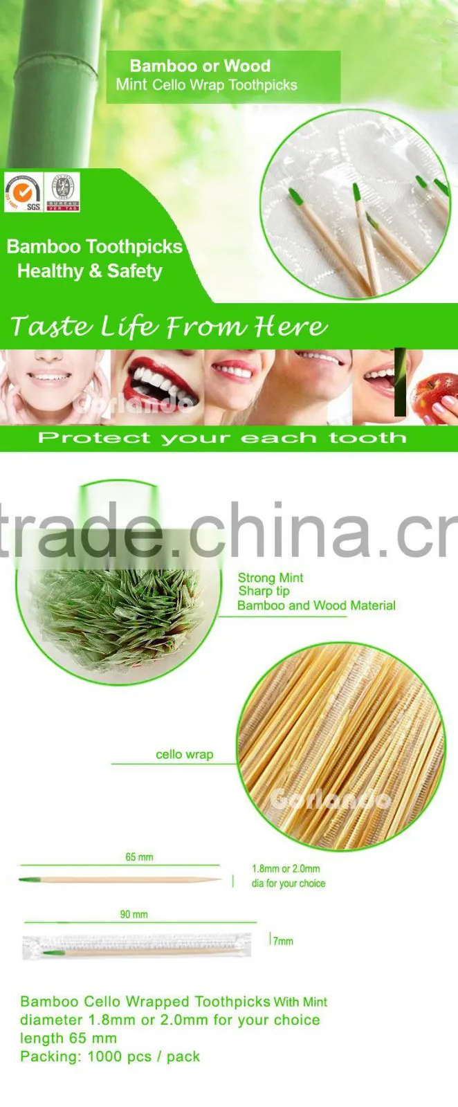 2.0x65mm cello wrap mint wooden toothpicks