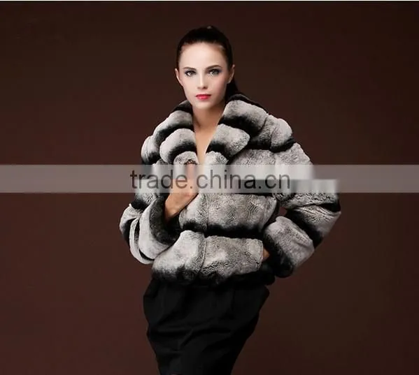 rex14007 Chinchilla Rex Rabbit Coat Women long sleeves