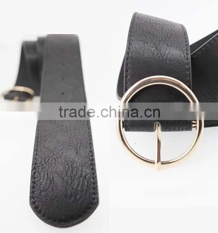 Women's fashion belt with black PU leather & Gold circle Buckle in chinese factory
