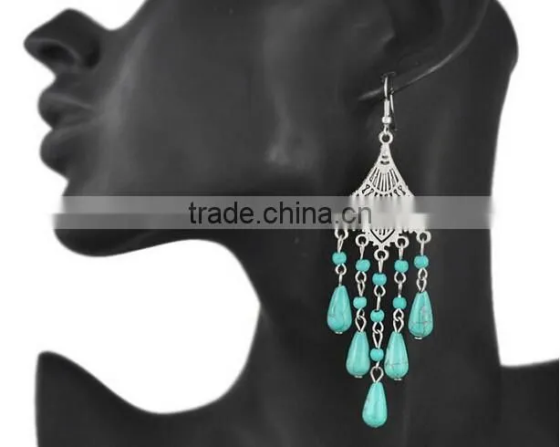 2016 Fashion New Bohemia Bead Pendant Gypsy Style Turquoise Tassel Long Dangle Earrings