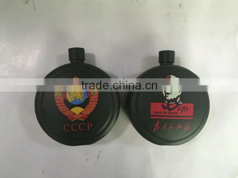 42oz round hip flask with print logo and spray pain coating then in leather bag.