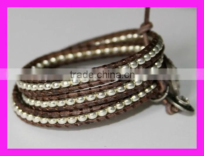 GZKJL-BL0183 Silver Beaded Bracelet Vintage Charm 3x Leather Wrap Bracelet