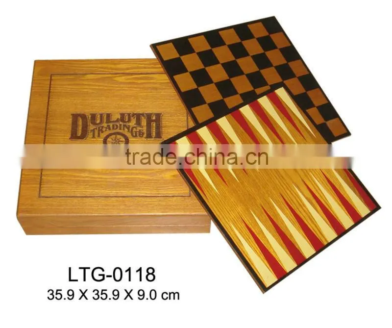 Promotional handmade wooden backgammon checkers chess game set