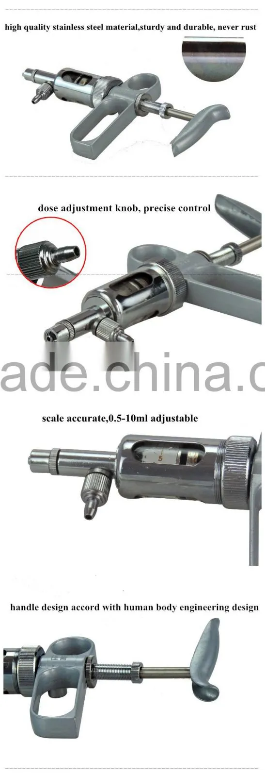 Metal gun adjustable injector continuous veterinary syringe 10ml