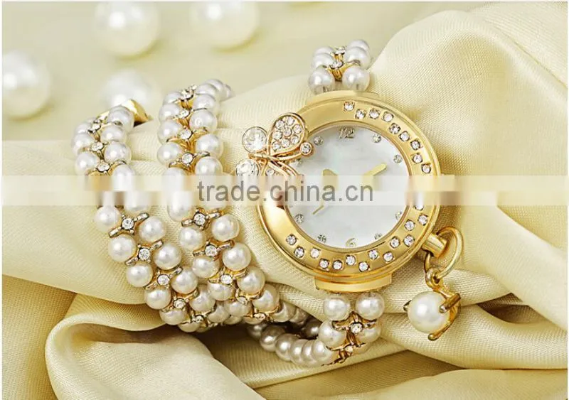 Fashin Alloy Chain Watch 2 Circles Rectangle Pearl Crystal Case Bracelet Luxury ladies Watches
