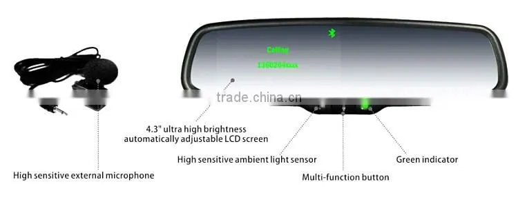 bluetooth handsfree car kit Rearview Mirror with back up display