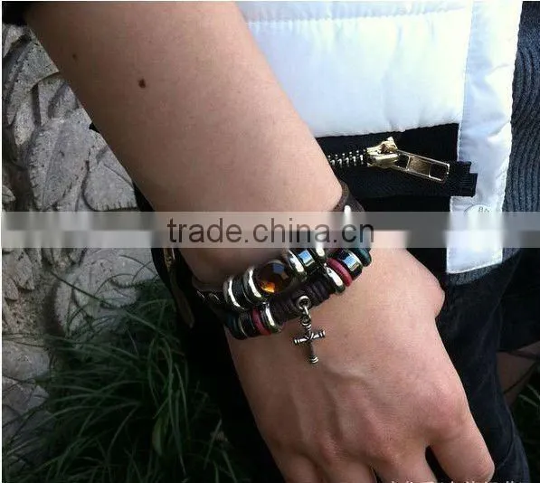 punk style genuine leather bracelets for students with cross drop