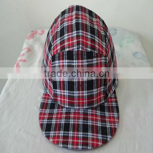 Seersucker Cotton 5 Panel Stripe red checked Biker Snapback Adjustable Cadet Cap Hat