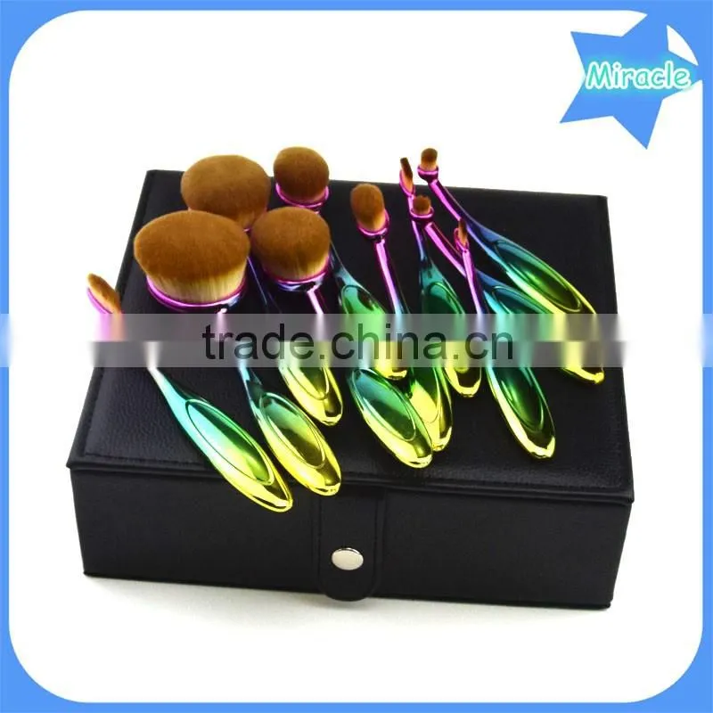 2016 Hot 10pcs rainbow color privalte label oval multi-purpose makeup brush with make up brush box