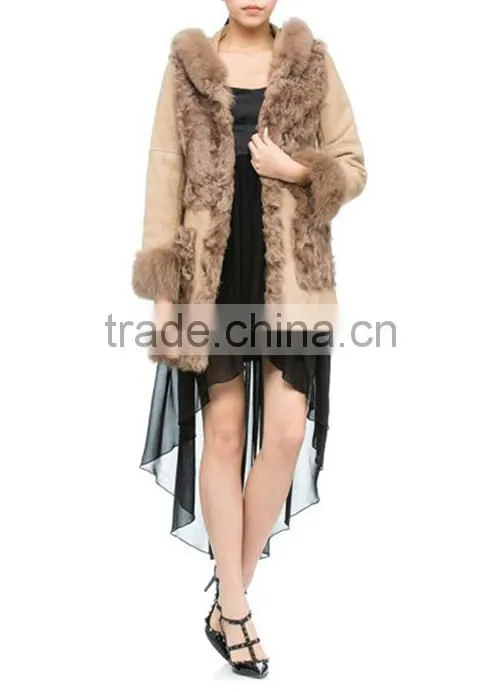 Popular women sheepskin winter hooded coat with fox fur
