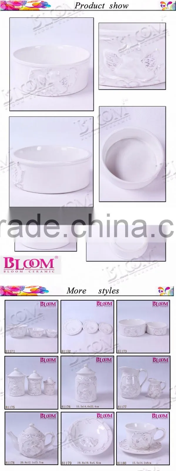 white glazed round ceramic pet food bowl