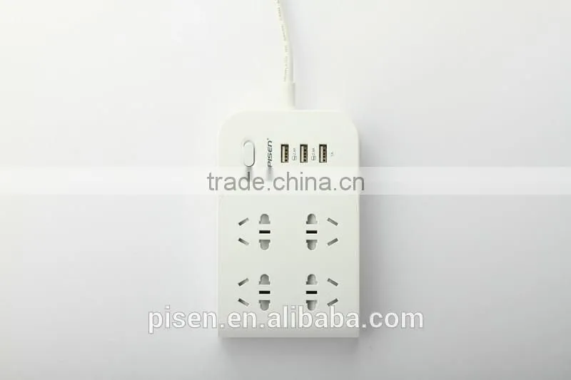 Pisen 1.8m 6ft Cable One Switch Child Protection Pasteable Euro Plug 4 Outles Smart Power Strip With 1A 2.4A 2.4A USB Charger