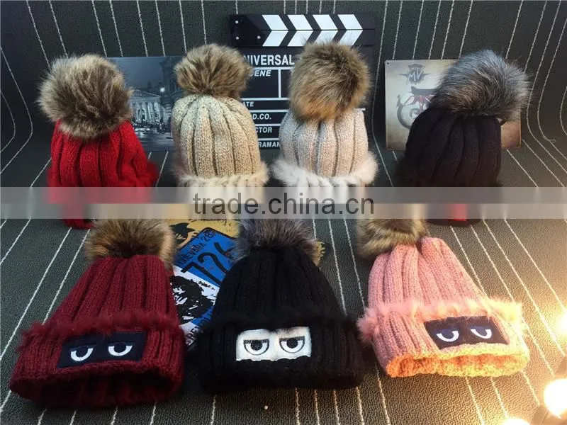 Brand design winter knit thicken hat monster with faux fur poms with super quality