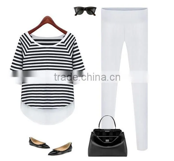 Summer simple latest fashion women Black and white striped lady shirt chiffon fabric chiffon blouse