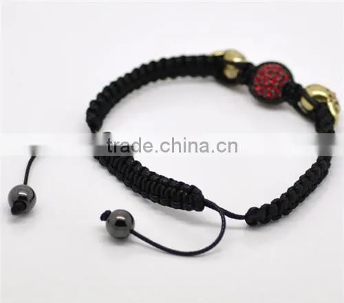 Pave Red Rhinestone Beads & Gold Tone Halloween Skull Beads & Black Braiding Adjustable Bracelets 18cm-25cm