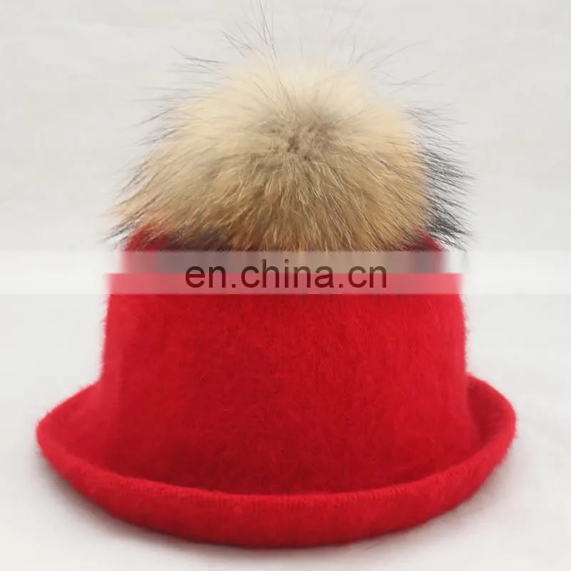 New Fashion Wholesale Ladies Red Straw Fedora Hat With Real Fur Pom Pom