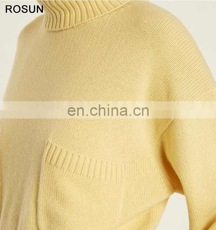 Yellow Mid Weight Roll Neck Patch Pocket Chunky Knit Sweater