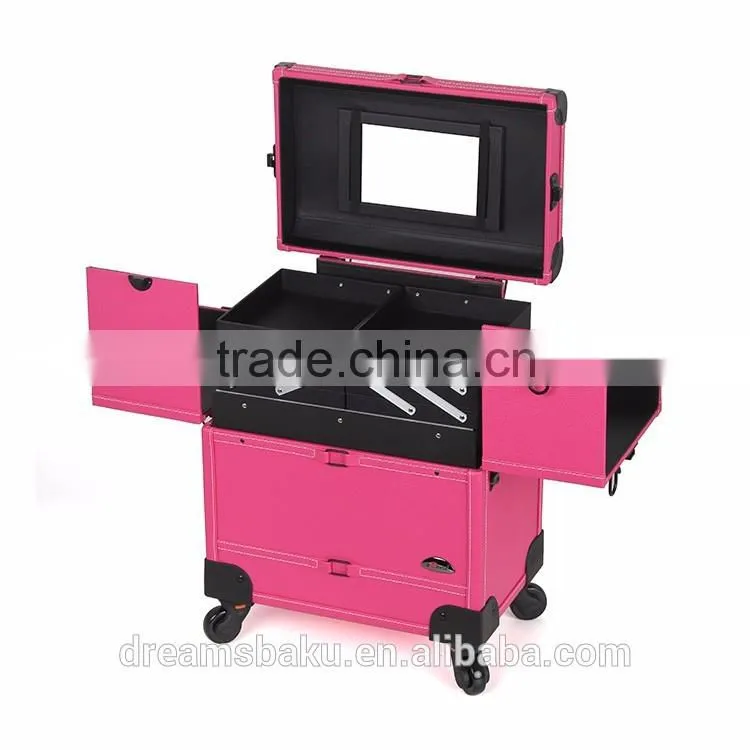 Beauty Design 4 Wheels Functional portable rolling Makeup case with drawers