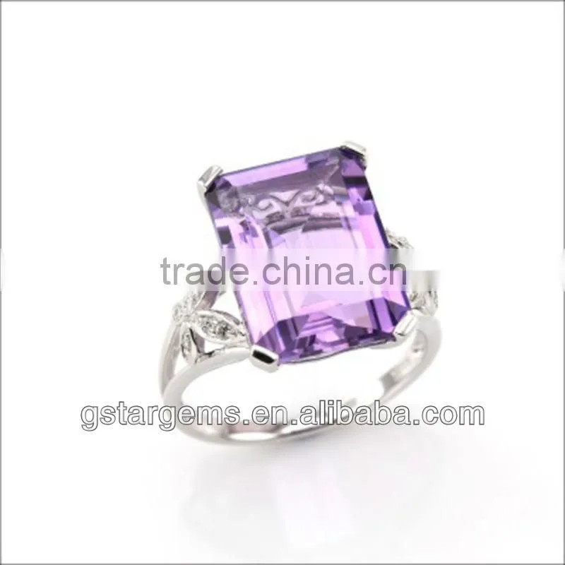 925 Sterling Silver Natural Gemstone Amethyst Rhodium Plated Jewelry CZ Ring