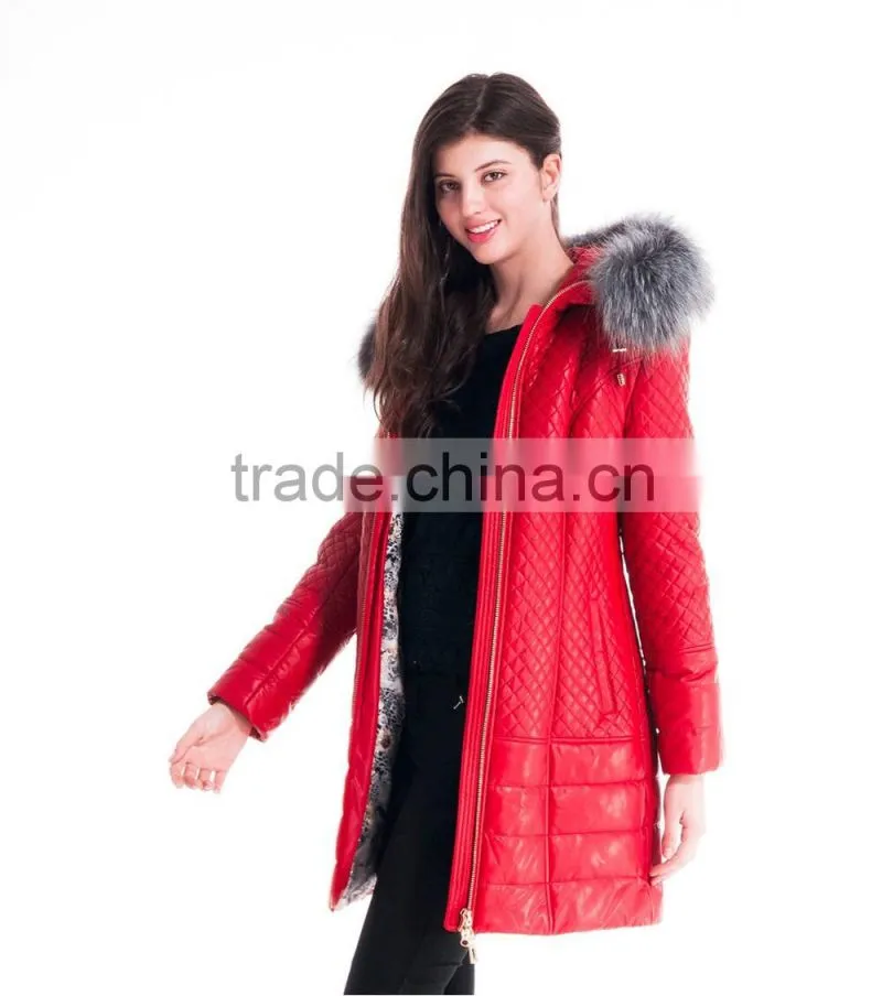 Used Long Winter Women Medium Length Leather Jacket With Brown Fox Hat Overcoat