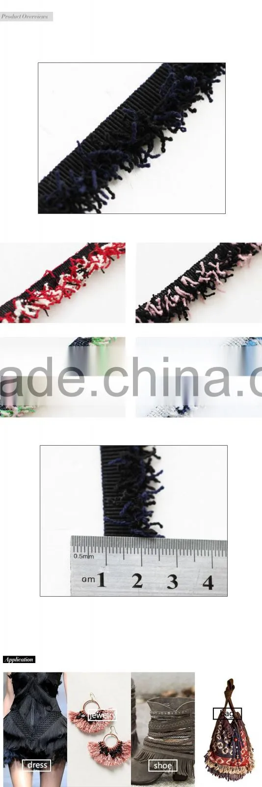 Colorful cotton brush fringe trim with black band