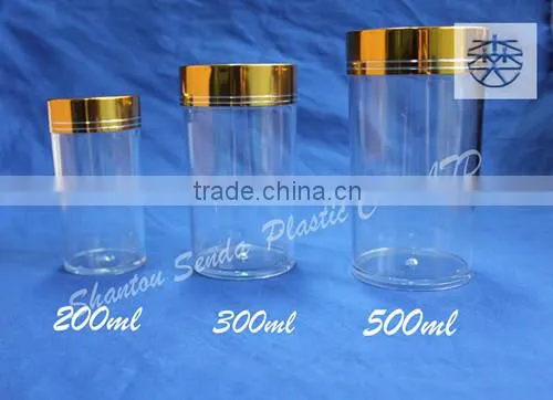 Acrylic bottle,Aluminum screw cap empty PS pill bottle with transparent color,200ml clean pill bottle with golden cap