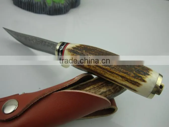 OEM damascus blade hunting knife with antlers handle