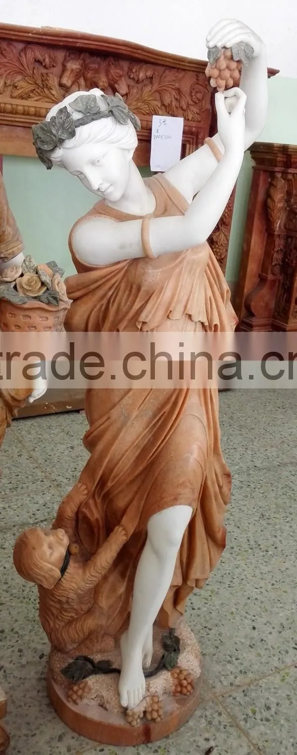 Hand Carved Marble Female Garden Woman with Dog Statue