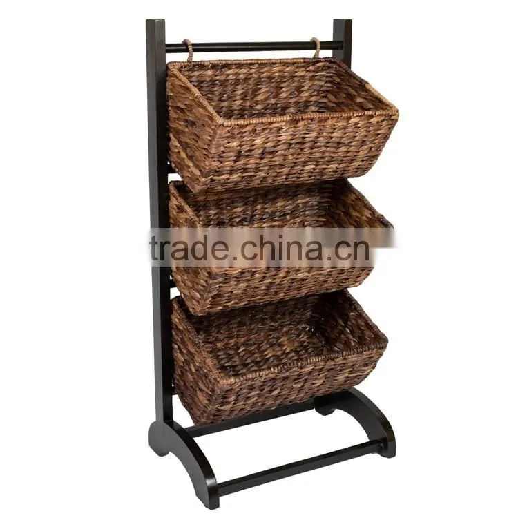 Home or Shop 3-Tier Rack Style Metal & Water Hyacinth Storage Basket