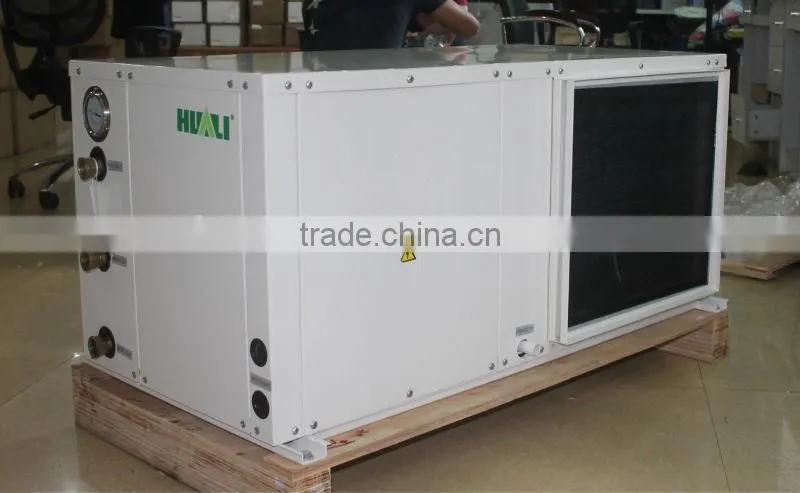 Package water source heat pump for heating and cooling