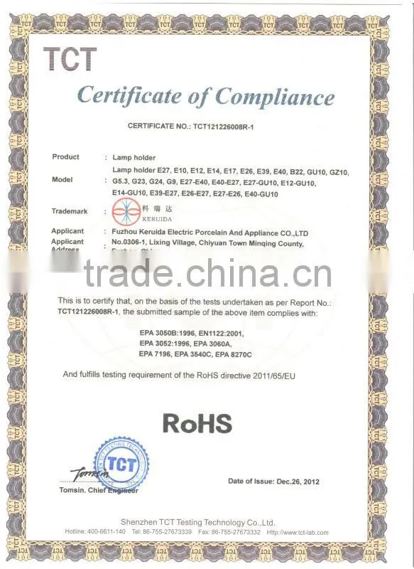 CE RoHS certificated E26 E27 glazed ceramic lampholder with cable