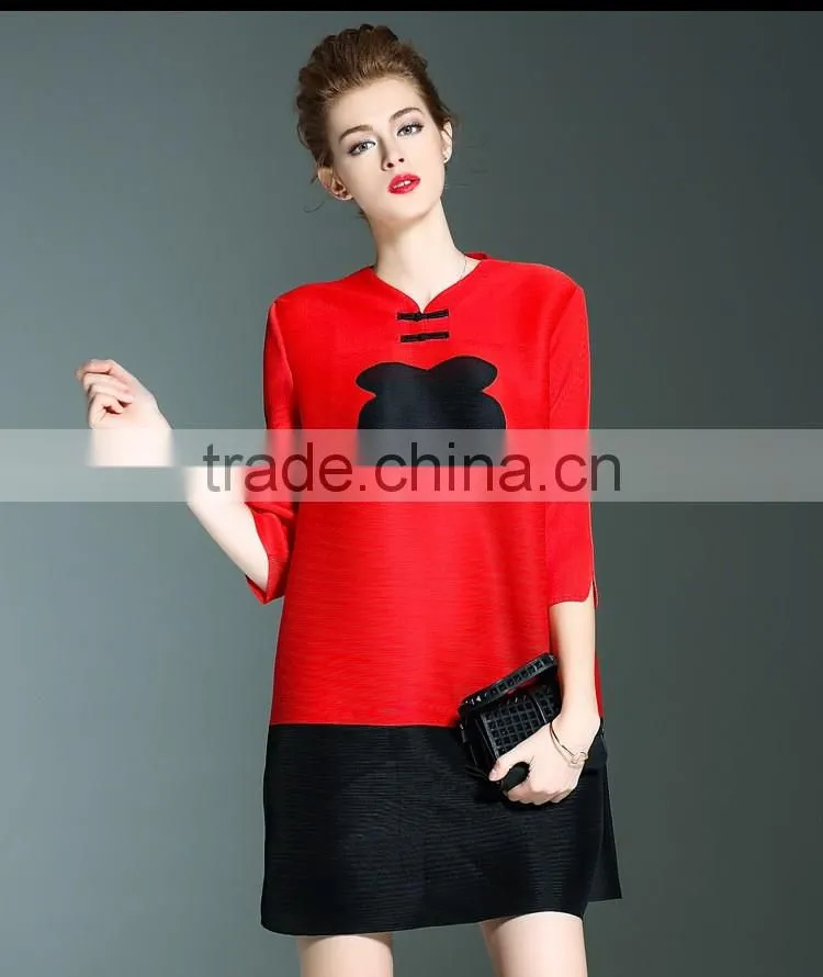 Retro pleat Chinoiserie printed ladies large size dress with two buttons