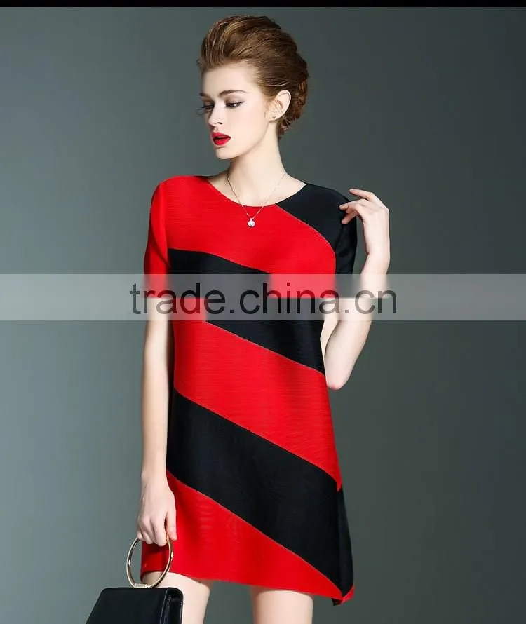 Online shop women twill printed O neck pleated dresses