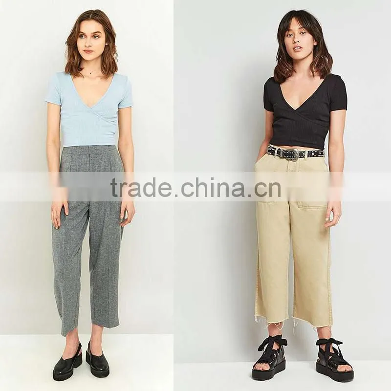 2017 ladies ribbed deep v-neck short sleeves ballet wrap crop cami tops