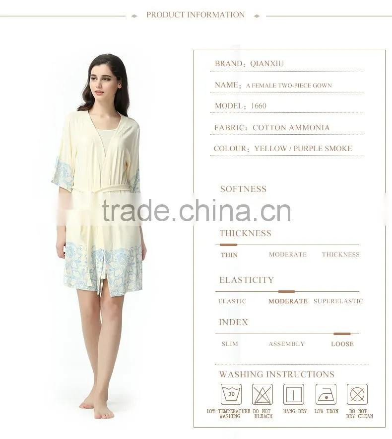 China supplier quality Qianxiu two pieces hot printed ladies deft design night wear