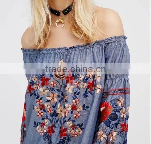 2017 Korean ladies off shoulder top long sleeve shirt embroidered blouses shirts